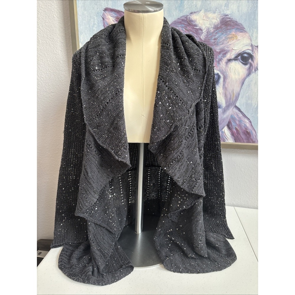 Soft Surroundings Women's M Black Knit Sparkle Sequin Cape Open Cardigan Sweater